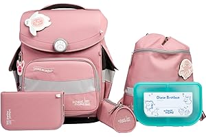 School-Mood Timeless Pro Schulranzenset 7-teilig 23,5L Stauraum, ergonomisches Easy Fit System für 1 m bis 1,50 m Körpergröße, standfest, wasserdichter Stoff mit Reflektoren (Axolotl Ocean Collection)