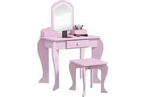 ZONEKIZ Kids Dressing Table, Kids Vanity Table, Girls Dressing Table with Mirror, Stool, Drawer, Storage Boxes, Cloud Design, for Ages 3-6 Years - Pink