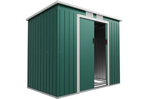 Juskys cobertizo de Metal M 4 m³ con tejado a un Agua, Puerta corredera y Bastidor de cimentación - 213 x 130 x 173 cm - Verde - Caseta para Herramientas de Acero cobertizo de jardín cobertizo