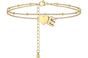 PROSTEEL Women Heart Anklet, A-Z Letter Initial Ankle Bracelet, Adjustable Double-Layer Foot Chain for Beach Summer, Silver/Gold Plated 316L Stainless Steel (with Gift Box)