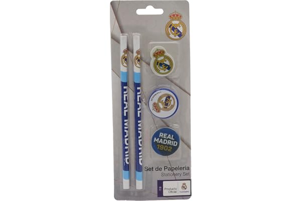 CYPBRANDS Real Madrid Set de papeterie, écriture, taille-crayon, gomme à effacer, crayons de couleur blanche, produit officiel