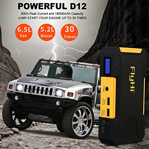 FlyHi D12 Arrancador de Coche 800A 18000mAh Arranque de Batería Para Coche (hasta el Motor de Gas de 6,5L o el Diesel de 5,2L) Banco de Energía Portable y Acelerador de batería con la Luz del LED y la Salida de USB Inteligente