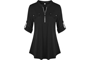 Lalala Bluse Damen Elegant 3/4 Ärmel V-Ausschnitt Hemdbluse Arbeit Oberteile mit Reißverschluss