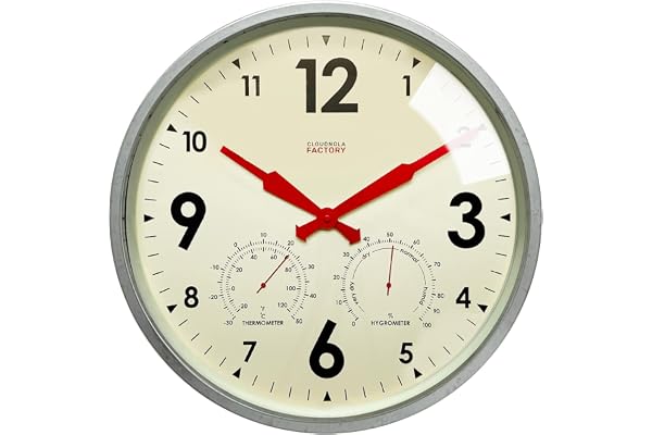 Cloudnola Horloge Murale en métal étanche avec thermomètre et hygromètre, Gris Zinc, 45,7 cm, silencieuse, sans tic-tac, Fonctionne à Piles