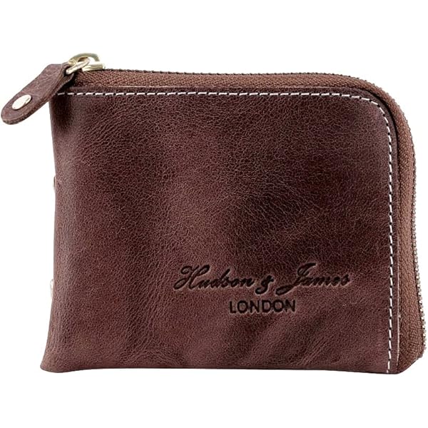 Portafoglio Sottile In Vera Pelle Hudson & James London - Con Cerniera, 8 Slot Carte, Marrone Invecchiato, Scatola Regalo