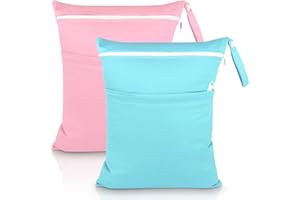 SLETIE 2 Packs Wet Bag, Waterproof Wet Dry Bags, Reusable Washable Cloth Diaper Bags, Nappy Bag with Double Zipper Pockets for Baby Items Swimming Camping Travel Beach Pool Bag (Pink+Blue)
