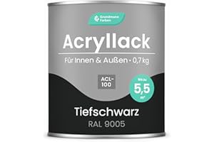 GRUNDMANN FARBEN Grundmann Acryllack ACL 100 - Schwarz 0,7 Kg - 4in1 Lack inkl. Grundierung - Innen und Außen - Für Holz, Metall, Stein & Kunststoff - Tiefschwarz RAL 9005