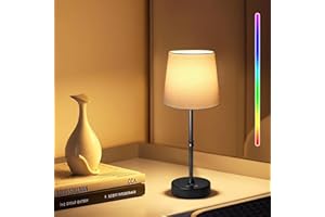 Smanu Rechargeable Battery Operated Table Lamp,3 Color & 7 RGB Dimmable Touch Control Bedside Lamp,Cordless Ambient Lamp with Flaxen Fabric Shade for Living Room/Nightstand/Restaurant/Party/Bar