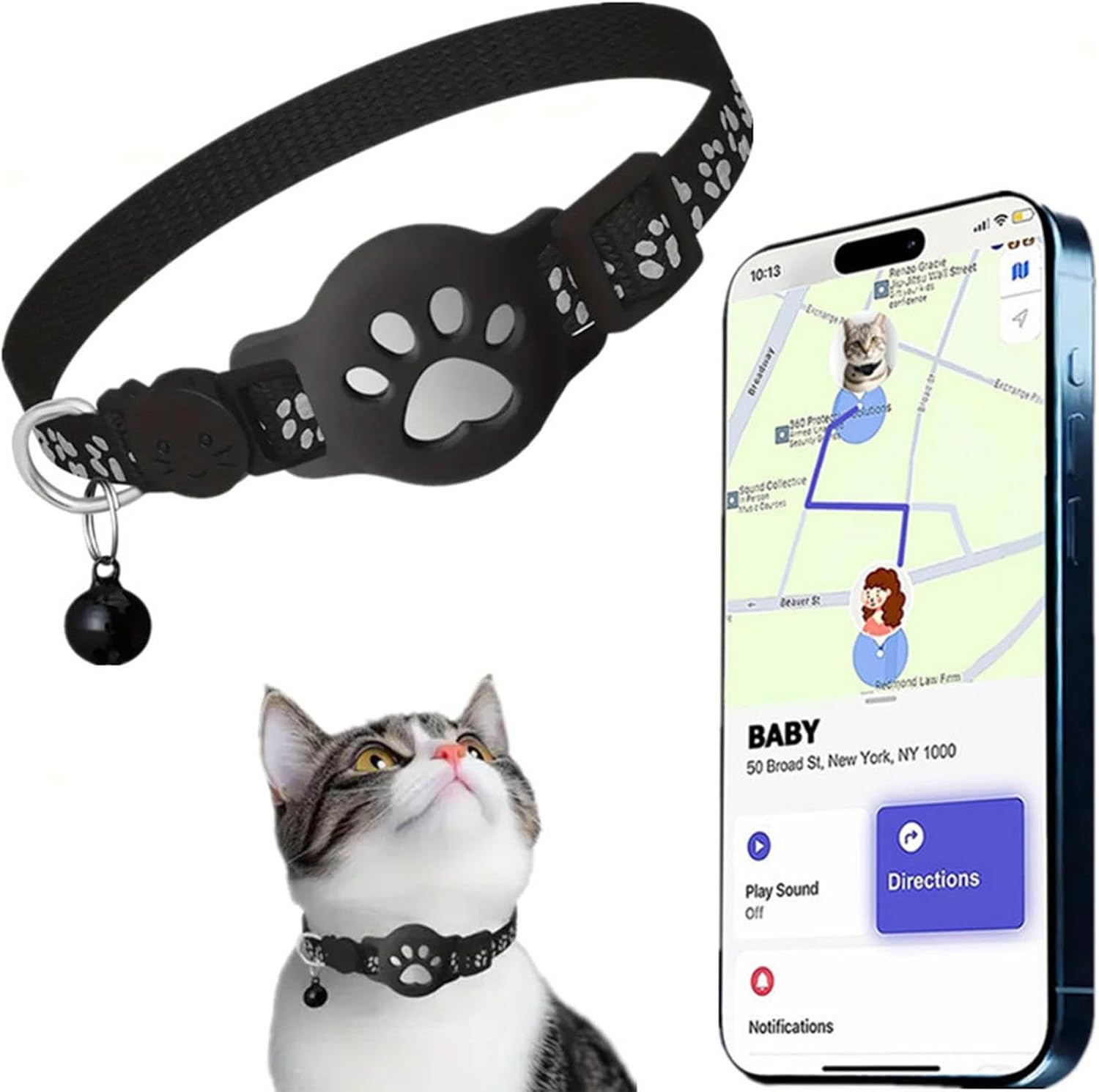 Collar GPS de gato rastreador, collar de rastreo GPS para gatos y perros, sin suscripción y SIM, compatible con iOS/Android/HarmonyOS, IPX5 resistente a salpicaduras (iOS, negro)