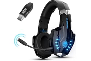 PHOINIKAS Casque Gaming sans Fil pour PC, PS5, PS4, Switch, Casque avec Micro Bruit Environnemental, 7.1 Son Surround, Batterie de 30H, Lumières LED, Oreillettes Respirantes (Bleu)