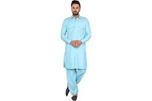 SKAVIJ Herren Pathani Kurta Pyjama Set – Indisches Outfit mit Brusttaschen & Hemdkragen – Traditionelle Kleidung aus Baumwollmischung