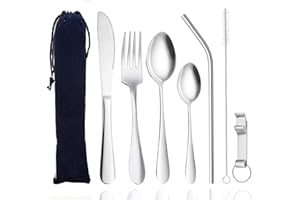 ZKSM Couverts Camping, Ensemble de Couverts Transportables, pour le Bureau et Déplacements - Facile à Nettoyer - Couverts en Inox (7 Pièces)