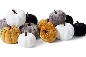 Sahoottie 12Pcs Mini Velvet Pumpkin Artificial Pumpkins Decorations for Home Fabric Pumpkins Grey Black White Pumpkin for Halloween Decoration Fall Autumn Decorations Thanksgiving Party Table Decor