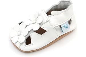 Dotty Fish Weiche Ledersandalen Babys und Kleinkinder. Weiße Sommerschuhe mit Blumenmuster für Mädchen. Barfuß, empfohlen von Podologen, elastischer Knöchelbund – Größen 17–27 EU