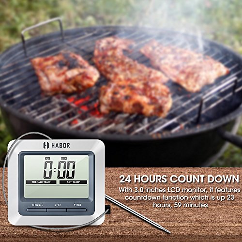 Habor Grillthermometer Bratenthermometer Ofenthermometer Barbecue Grill Thermometer digital Thermometer mit großen LCD Display, lange 304 Edelstahl Messfühler , 1m Kable und Count Down Timer, ideal für Garten Grillen, Backen, Ofen usw - 5