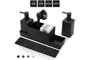 CAUTIOUS 350ML Seifenspender Schwarz Matt Spülbecken Organizer Spülmittelspender Küche Kunststoff Spülmittelspender mit Bürste und Spülschwamm Soap Dispenser Ausgestattet mit 3 Pumpenköpfen