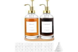 Sunal 2-pack kaffesirap dispenser, 500 ml guld sirap dispenser med bricka, glaspumpflaskor med tratt och 36 etiketter för kök och kaffebar