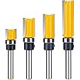 MoTrent Pattern Flush Trim Router Bit Set with 1/4 inch Shank, 4Pcs 1/2'' Cutting Diameter Carbide Bits with Top Bearing Prevent Tear-Out, Template Guide Woodworking Milling Cutter Tool