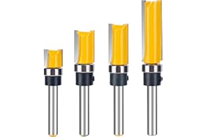 MoTrent Pattern Flush Trim Router Bit Set with 1/4 inch Shank, 4Pcs 1/2'' Cutting Diameter Carbide Bits with Top Bearing Prevent Tear-Out, Template Guide Woodworking Milling Cutter Tool