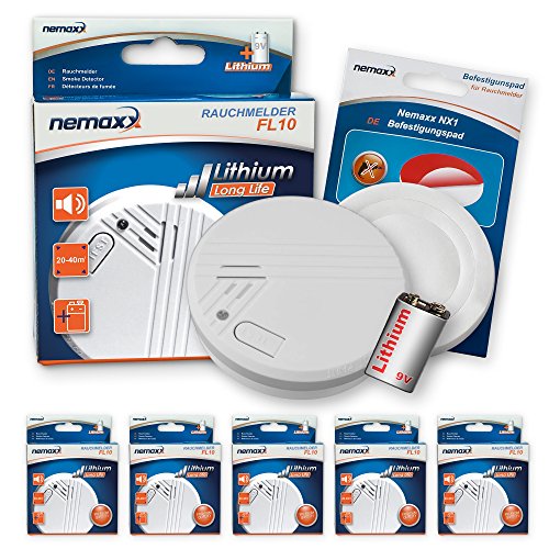 Preisvergleich Produktbild 5x Nemaxx FL10 Rauchmelder + 5x Nemaxx NX1 Quickfix Befestigungspad - hochwertiger Rauchwarnmelder mit langlebiger 10 Jahre Lithium-Batterie - nach DIN EN 14604