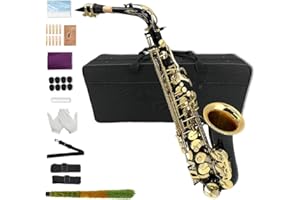 Yinfente Eb flaches Saxophon mit 10 Blättern, 8 Pads, Hartschalenkoffer und mehr, für Studenten, Anfänger, Erwachsene, Altsaxophon, Saxophon-Set (Schwarz-Gold)