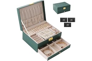 TAVADA Porta Gioielli Donna,Cofanetto Portagioie Scatola Porta Gioielli da Viaggio con 2 Strati di Gioielli Serrature a Cassetto,per Anelli Bracciali Orecchini Collane Regali,Verde scuro
