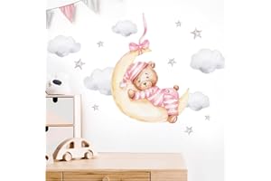 WANDARO Little Deco Wandtattoo rosa Bär mit Mond Wandsticker Teddybär Babyzimmer Wandaufkleber Tiere Schlafzimmer Kinderzimmer Deko DL871-2
