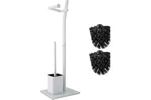 SMARTPEAS Set Wc Piantana - Bianco - 22X18X70 Cm - Portarotolo E Portascopino Incl. - Acciaio Inossidabile - Base In Vetro - Extra: 1+2 Testine Ricambio Spazzolone