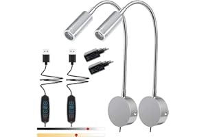‎YNDD YNDD 2 Stücke Leselampe Wandmontage, LED Bettleuchte Dimmbar, 3 Farbmodi und 10 Dimmstufen, 3W Schwanenhals Lampe, Flexible Wandleuchte mit Stecker und Kabel, Leseleuchte Wand für Schlafzimmer Bett