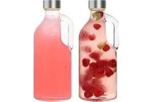 LIMILI Glass Bottles, 1 litre Glass Water Bottle with Stainless Steel Lids, Leak Proof Reusable for Hot Cold Drinks Party Home Kitchen (2PCS - WITH HANDLE)