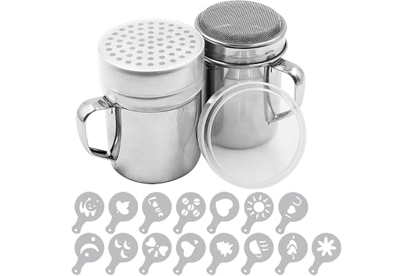 Senhai Pudersockerströare med handtag, 2 stycken pulverspridare i rostfritt stål för socker, peppar, kanelpulver, mjöl med tryckformar, stenciler – fint och stort nät