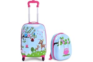 RELAX4LIFE Juego de 2 Maletas para Niños con 4 Ruedas Giratorias, Maleta de Viaje Infantil con Mango Ajustable, Doble Cremallera y Película de PC, Regalo para Niños (Modelo 11)