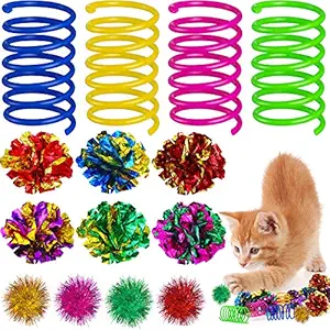 36 Pieces Cat Spiral Spring Toys Assorted Color Glitter Balls Sparkle Small Pom Pom Balls Colorful Kitten Crinkle Toys Cat Mylar Balls with Rustle Sound for Cats Kittens Playing Interacting