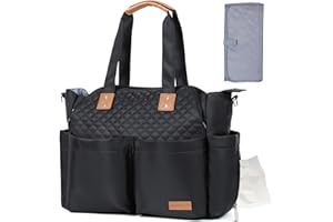 Lekebaby Baby Changing Bag - Large Nappy Bags for Mom and Dad, Stylish Travel Tote with Nappy Changing Mat, Quilted Black
