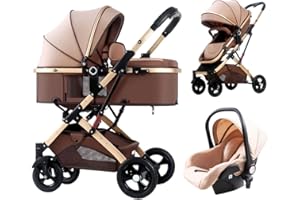 TUCY Pram Stroller Baby Carriage for 0-36 Months Baby Strollers Set 3 In 1 Foldable Travel System Doll Stroller Pram Shock Absorption Springs Pram with Footmuff (Color : Brown)