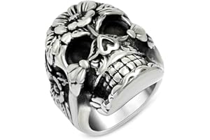 Beydodo Anneau Acier Large Homme Bague Tête De Mort Fleur Rose Vitnage Taille 54-74 Alliance Homme Large