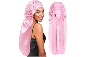 BONNET QUEEN Gorro de Seda para Dormir Ajustables Gorro Saten Pelo Rizado Largo Silk Bonnet con Lazos Largos y Botón Protector Anti-Frizz, Rosa