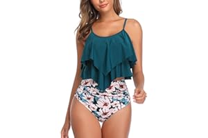 Vancavoo Zestaw bikini damski, dwuczęściowy kostium kąpielowy Falbala, falbanki, tankini z nadrukiem, wysoka talia, wyszczuplające brzuch, bikini, moda kąpielowa, odzież plażowa, lato