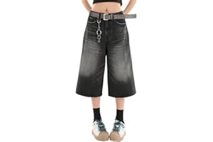 Lafaguw Jean court pour femme et homme - Taille haute - Jambe large - Baggy Jorts Y2K - Décontracté - Pantalon capris en denim - Vêtements d'été grunge.