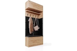‎PLATAN ROOM PLATAN ROOM Wand-Garderobe Set mit Garderobenpaneel & Schuhschrank & Hängeschrank 100 cm Flurgarderobe Garderobenset Flur Eiche Holz Weiß (Eiche Gold, 4-TLG. mit 10 paneel)