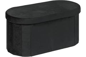 Bonlife Black Velvet Ottoman Storage Bench with Seat,Foldable Stool Living Room Furniture,Oval Large Toy Box Storage Chest with Lid,76x38x38cm
