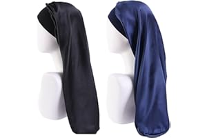 LadayPoa Lange Satin Schlafmütze, 2 Stück Große Schlafmützen für Frauen, Lange Zöpfe, Extra Groß mit Breitem Elastischem Band, Weich und Bequem