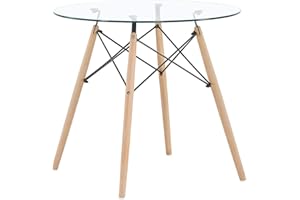DORAFAIR Mesa de Comedor de Cristal Templado,Mesa Redonda de Cocina o Café Moderna Nórdica Patas de Madera