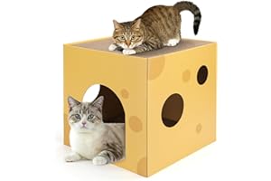 Nobleza Casa Gato con Rascador para Gatos de Cartón y Hierba Gatera, Cama para Gatos Litera, Cueva para Gatos de Cartón Plegable, Juguetes para Gatos Pequeños y Medianos, L35*W35*H35CM, Amarillo