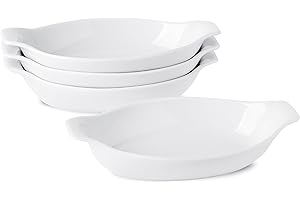 UIBFCWN Set di 4 Piatti da Forno in Ceramica, Piatti da Forno Ovali da 350ML, Pirofila Ovale in Porcellana con Manici per Lasagne Torta Tapas, 22,8 x 11,9 x 4,3 cm - Bianca