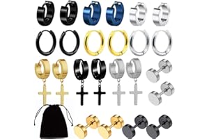 ZNGOU 12 Pairs Men's Earrings - Black & Silver Stainless Steel Stud, Cross Dangle, Hinged Hoop, Cartilage, Hip Hop Screw, Circular Earrings