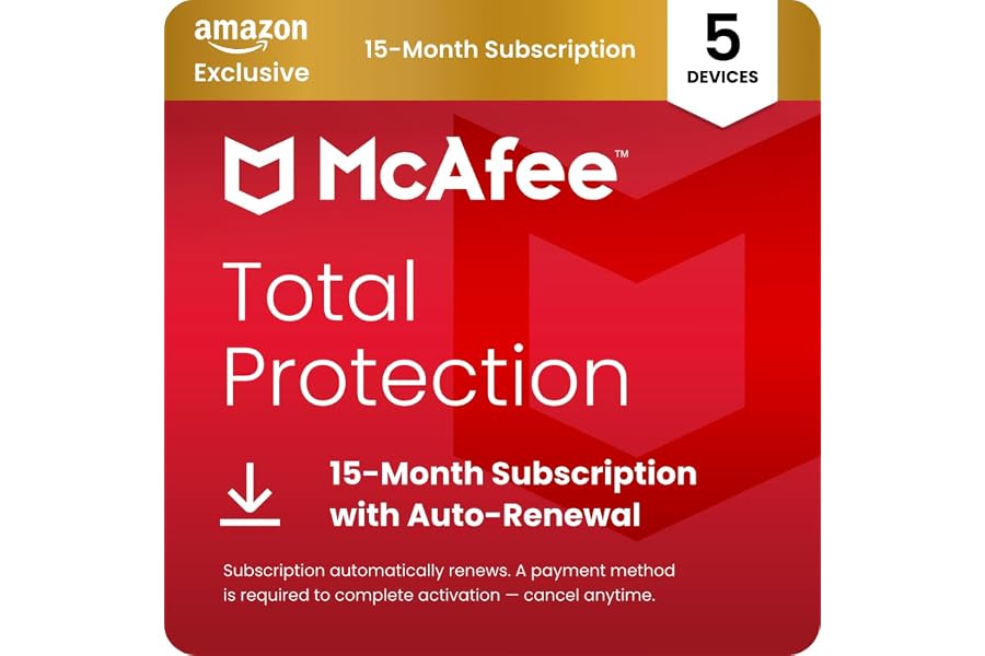 McAfee Total Protection 5-Devices 2026 | Amazon Exclusive| 15-Months| Antivirus, VPN, Scam Protection, Identity Monitoring | 