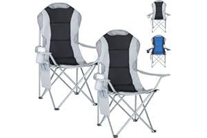 APUUCSE Set of 2 Oversized Deluxe Padded Folding Camping Chair with Cup Holder and Side Pocket Lightweight High Back Leisure Portable Heavy Duty Foldable Camp Chairs for Outdoor/fishing/Picnic(Black & Grey)