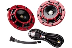 ‎FARBIN FARBIN Auto Hörner 12V Laute High Tone/Low Tone Metall Twin Horns Kit mit Relais Harness, Universal Zug Hörner für LKW Auto Motorrad (Rot Horn mit Kabelbaum)