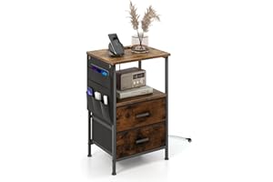 COSTWAY Stolik nocny ze stacją ładującą, stolik pomocniczy, industrialny, z 2 szufladami, USB, stolik kawowy, drewno, szerokość 30 cm, do sypialni, salonu, rustice brązowy, 38 x 30 x 60 cm